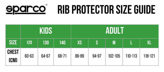 Guía de talles PROTECTOR COSTAL SPARCO K-TRACK