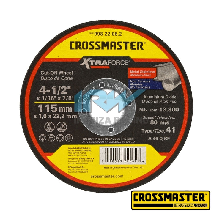 DISCO DE CORTE AMOLADORA 115 X 1,6MM CROSSMASTER